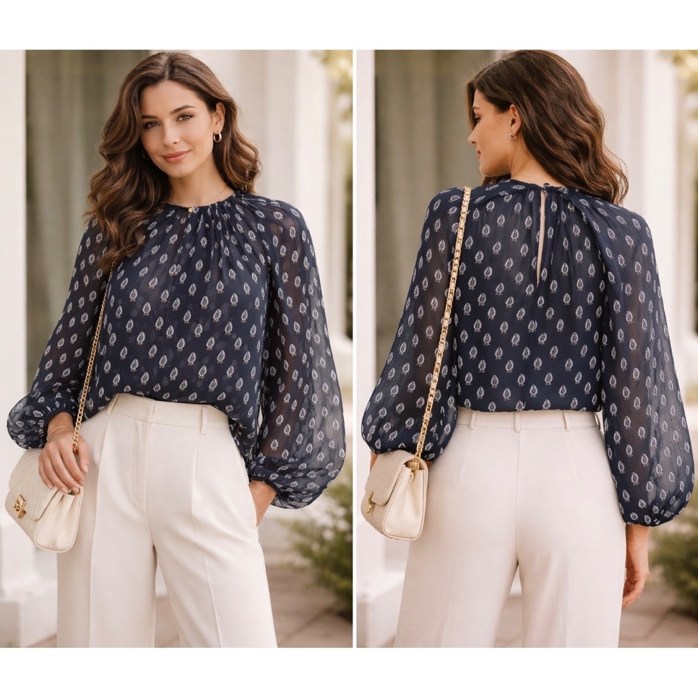 Banana Republic Chiffon Paisley Blouse XXL Twist Neck Balloon Sleeve NWT Relaxed